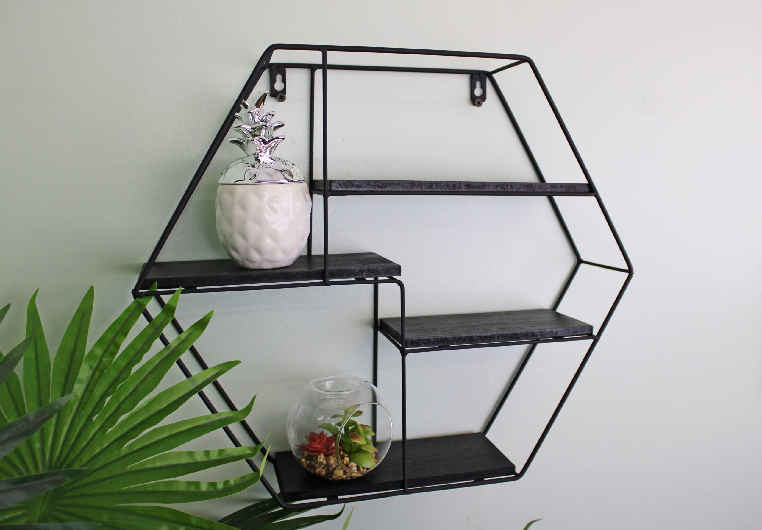 Hexagonal Wall Shelf in Black Metal with 4 Shelves